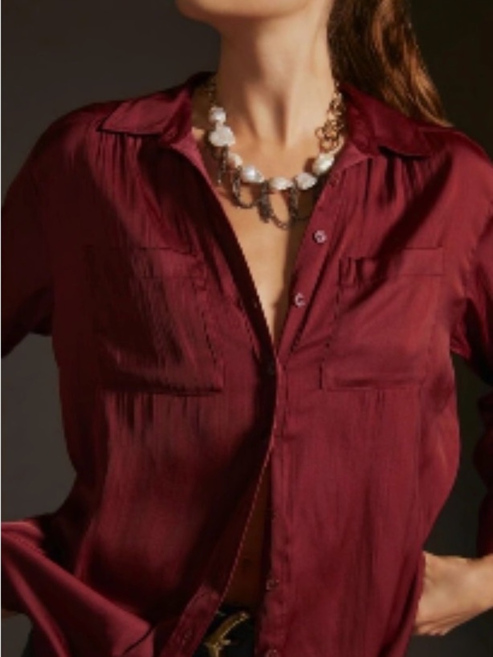 Anthropologie Satin Burgundy Dark Red Button Down Shirt Women’s Small